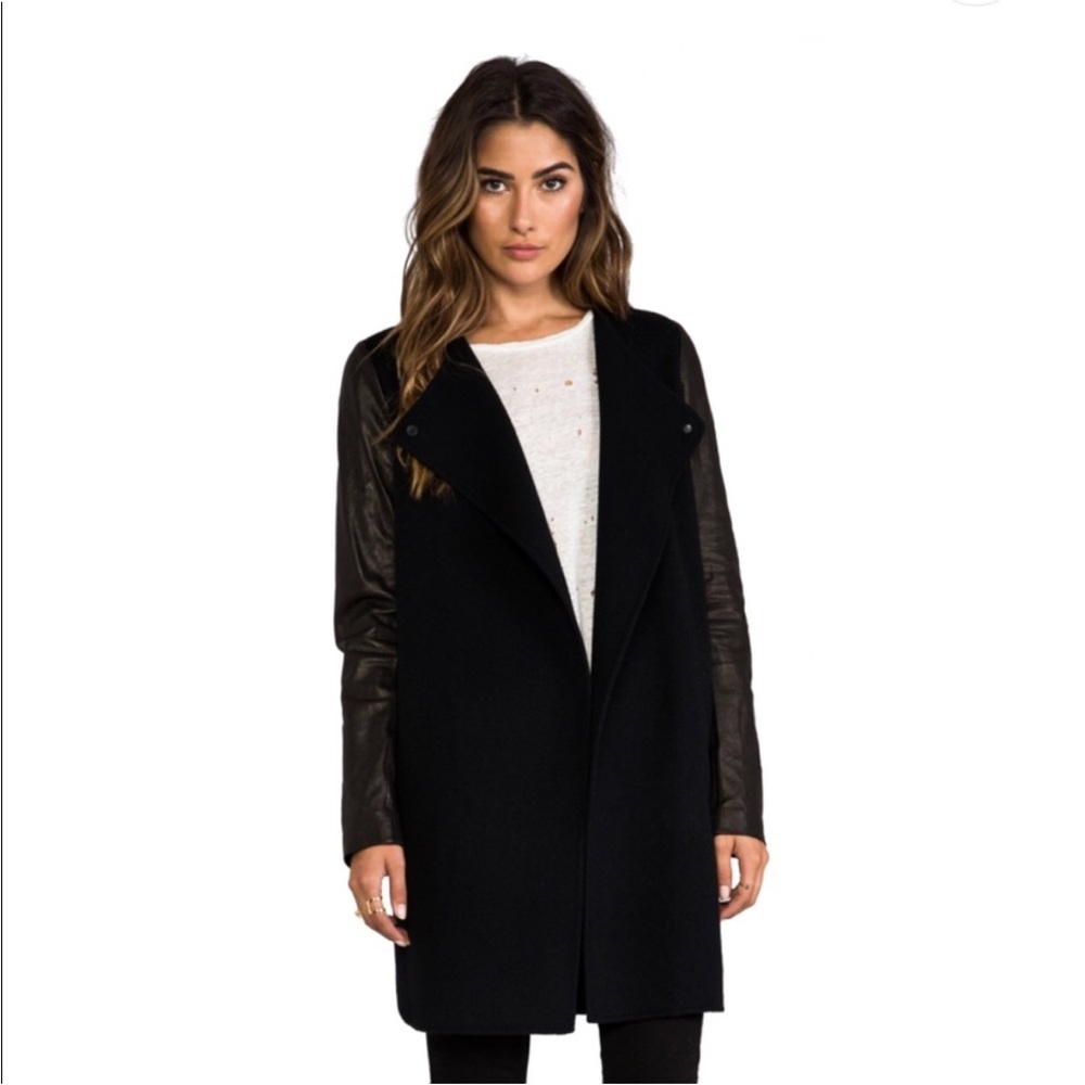 Vince Women's Black Coat with Leather Sleeves